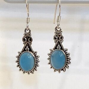 Blue Chalcedony Oval Cut and 925 Silver Filigree Drop Earrings